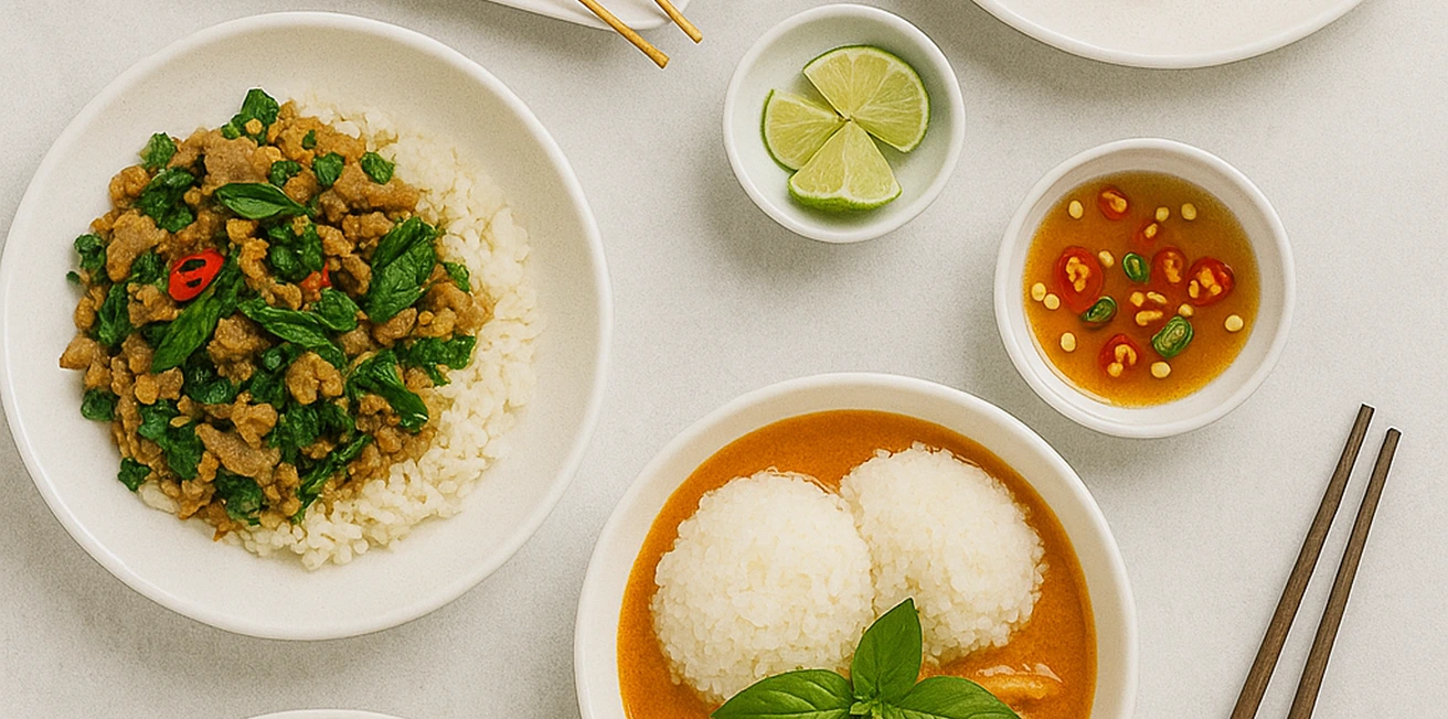 Överblick över thailändska rätter på bord – CTA